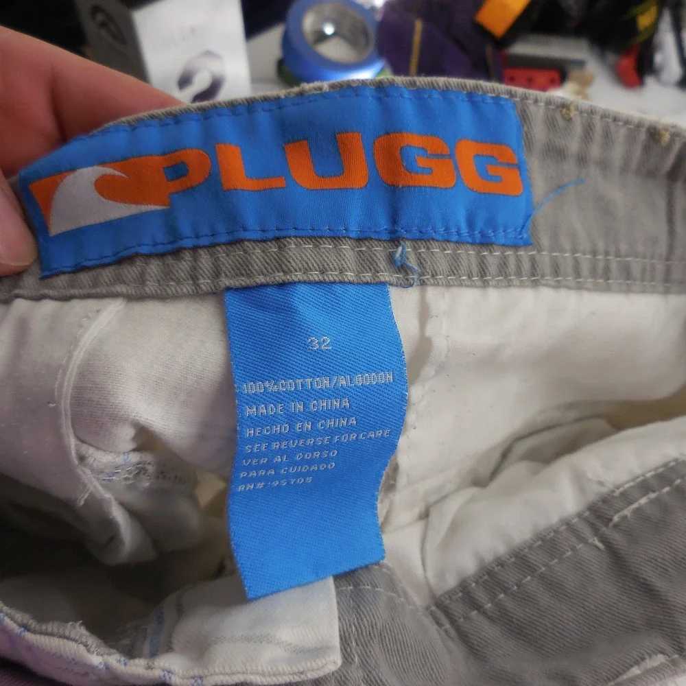 Plugg Mens Plaid Cargo Shorts White Blue Grey Cotton Size 32 Utility Casual
